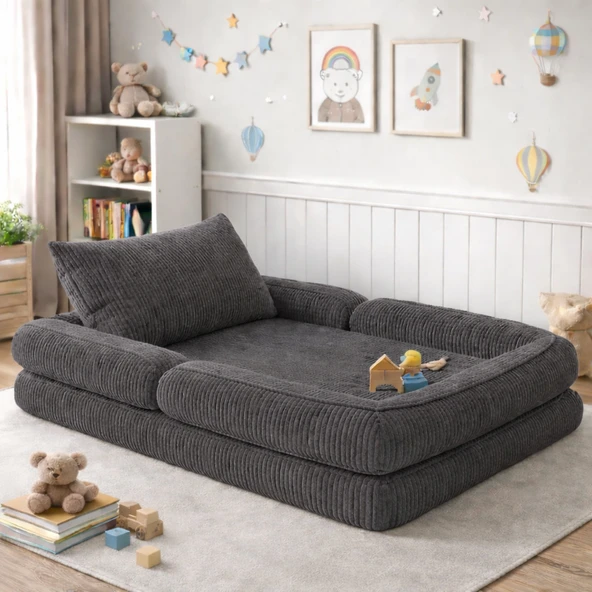 Puffiber Yeni Nesil Füme Premium Katlanabilir Modüler Çocuk Oyun Yatağı ve Minderi 80x160 cm Tam Sünger ürün görseli 1