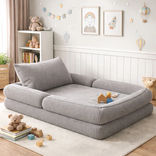 Puffiber Yeni Nesil Gri Premium Katlanabilir Modüler Çocuk Oyun Yatağı ve Minderi 80x160 cm Tam Sünger ürün görseli 1