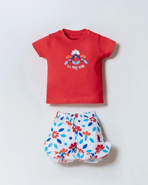 U.S. Polo Assn Kız Bebek  2 li Şort T-şhirt Takım Nar Çiçeği ürün görseli 1