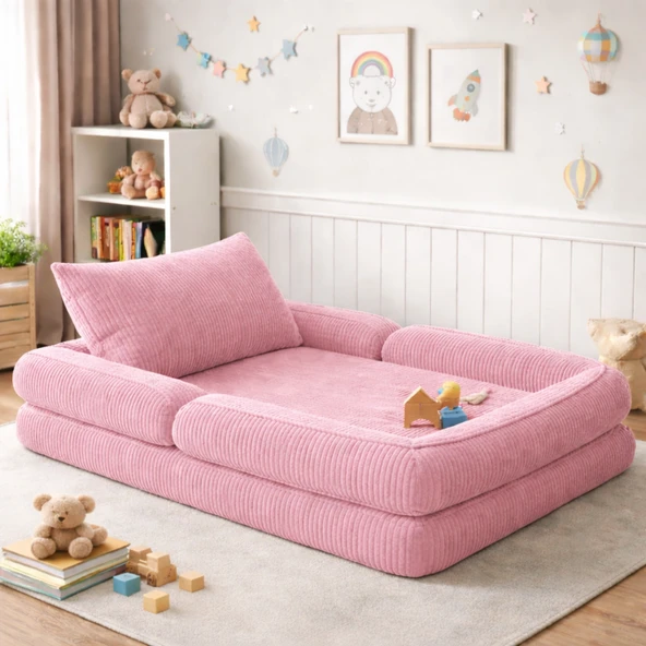 Puffiber Yeni Nesil Pembe Premium Katlanabilir Modüler Çocuk Oyun Yatağı ve Minderi 80x160 cm Tam Sünger ürün görseli 1