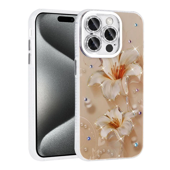 iPhone 15 Pro Max Kılıf Çiçek Desenli Parlak Taşlı Sert Silikon Kapak ürün görseli 1