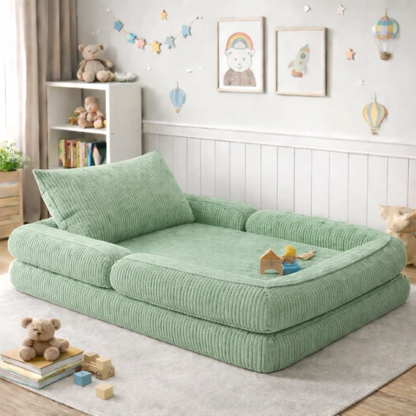 Puffiber Yeni Nesil Çağla Yeşili Premium Katlanabilir Modüler Çocuk Oyun Yatağı ve Minderi 80x160 cm Tam Sünger ürün görseli 1