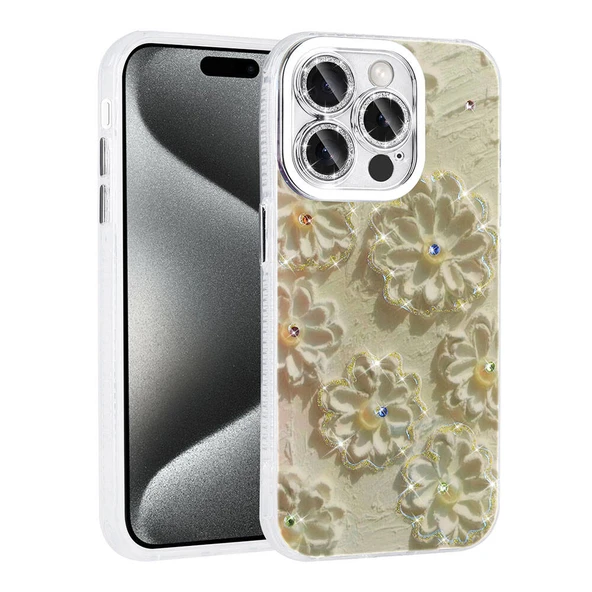 Apple iPhone 15 Pro Kılıf Çiçek Desenli Parlak Taşlı Sert Silikon Kapak ürün görseli 1