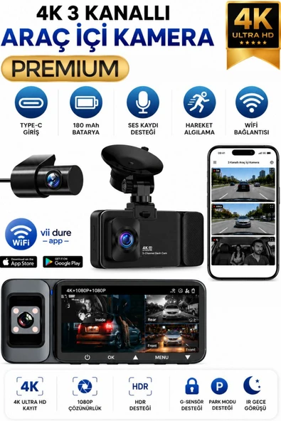 K02 Premium 3 Lens Araç İçi Kamera WiFi GPS 4K Ultra HD  Ön Arka İç Kamera Gece Görüşü Park Modu DVR ürün görseli 1