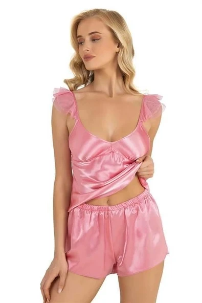 HERŞEYTREND  Pembe Saten Şort Takımı 9212 ürün görseli 1