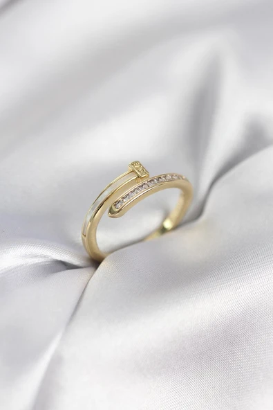 Zirkon Taşlı Gold Renk Yassı Çivi Model Kadın Yüzük - TJ-BYK3961 ürün görseli 1