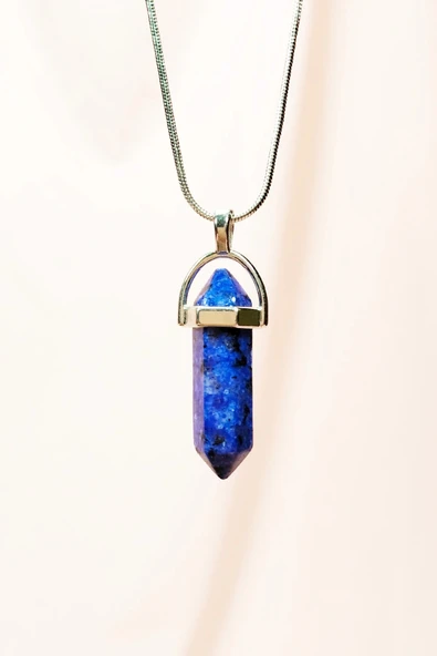 Lapis  Lazuli Doğal Taşı Zincirli El Yapımı Tasarımlı Kolye Uç: 3,5 cm Zincir: 20 cm Kutulu ürün görseli 1