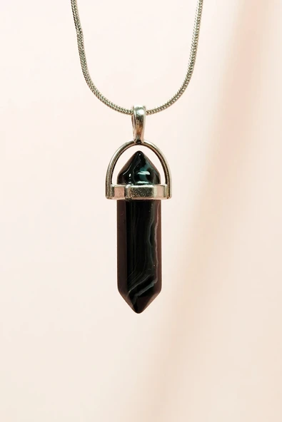 Obsidyen Doğal Taşı Zincirli El Yapımı Tasarımlı Kolye Uç: 3,5 cm Zincir: 20 cm Kutulu ürün görseli 1