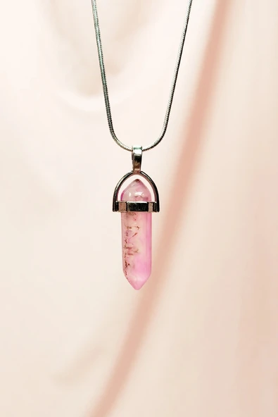 Pembe Kuvars Doğal Taşı Zincirli El Yapımı Tasarımlı Kolye Uç: 3,5 cm Zincir: 20 cm Kutulu ürün görseli 1