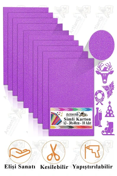 Mor Simli Karton A3 30x40 cm 10 lu 1 Paket Simli Fon Kartonu Parıltılı Kağıt Anasınıfı Kreş Etkinlik Proje ürün görseli 1