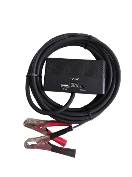Aküden bağlantılı Uzatma Kablosu Çakmaklık Çoklayıcı LCD Ekranlı USB, Type-C çıkışlı 12 Volt 10 Amper 120 WAT 2 X1,5mm TTR Bakır 2 Mt-Siyah-YK-OT733-MŞ ürün görseli 1