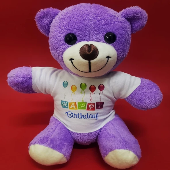 Happy Birthday Tişörtlü Peluş Mor Ayıcık ürün görseli 1