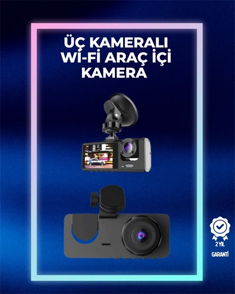 1080p Ön + 720p Arka & İç Kamera – Suya Dayanıklı Araç Güvenlik Kamerası ürün görseli 1