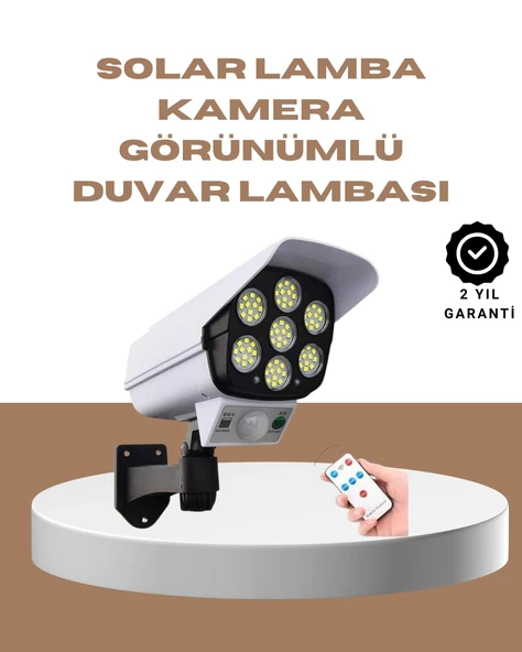 Güneş Enerjili LED Lamba + Güvenlik Kamerası Görünümlü– 5-8 m Hareket Algılamalı, Beyaz Işık ürün görseli 1