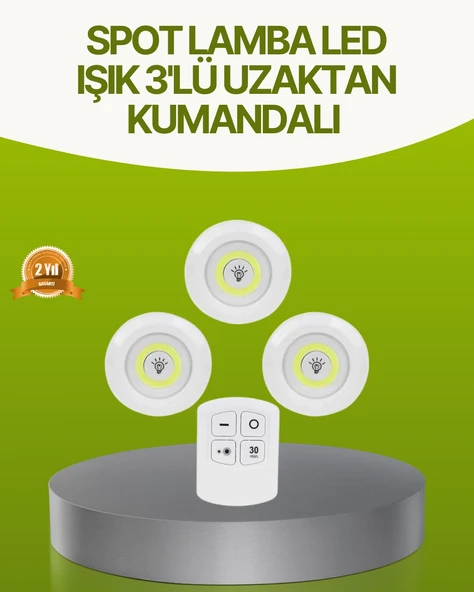 Uzaktan Kumandalı 3 Lü Kablosuz Led Spot Lamba Seti Yapışkanlı Pratik Kullanım ürün görseli 1