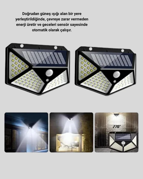 100 LED Solar Lamba Hareket Algılamalı Bahçe Duvar Dış Mekan Aydınlatma - Resim 4