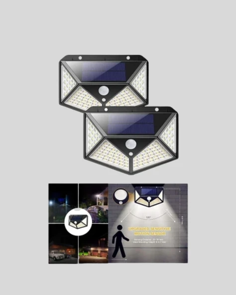 100 LED Solar Lamba Hareket Algılamalı Bahçe Duvar Dış Mekan Aydınlatma - Resim 3