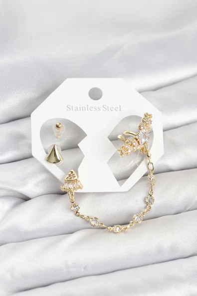 Pirinç Gold Renk Yıldızlı Model Zincir Bağlantılı Ear Cuff Küpe Seti ürün görseli 1