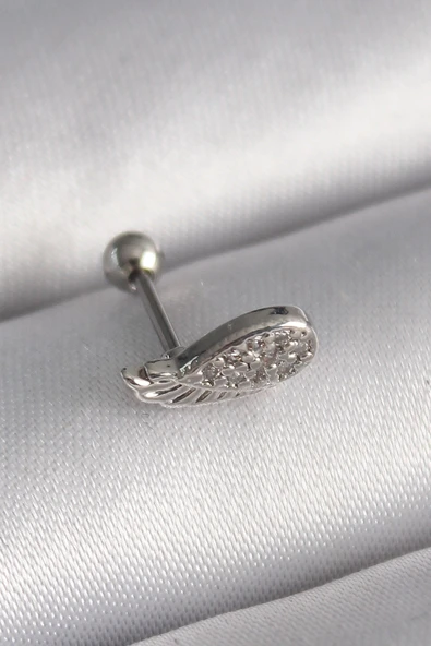 316L Çelik Gümüş Renk Zirkon Taşlı Kanat Tragus Piercing ürün görseli 1