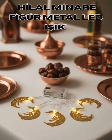 Minareli Hilal LED Işık Gold Metal Gövdeli Pilli Ramazan Dekoru ürün görseli 1