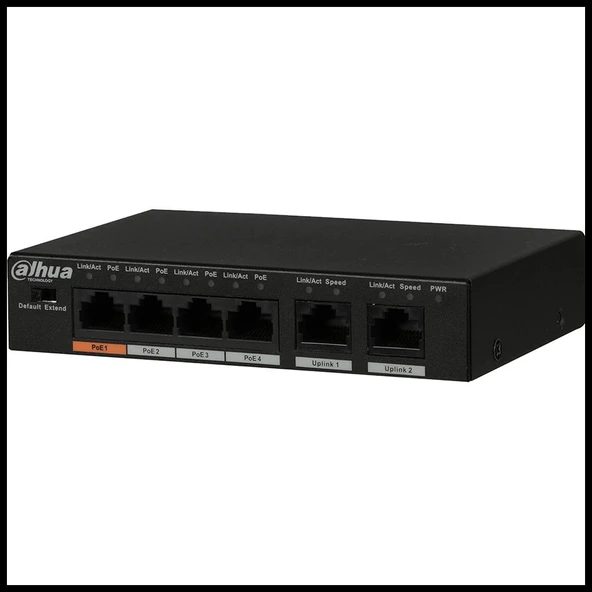 DAHUA PFS3006-4ET-60-V2, 4 Port, Megabit, PoE 60W, 2 Port Uplink, Yönetilemez, Masaüstü Switch ürün görseli 1