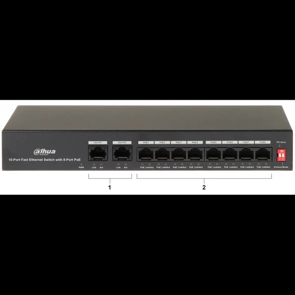 DAHUA PFS3010-8ET-65, 8 Port, MegaBit, PoE 65W, 2 Port Uplink, Yönetilemez, Masaüstü Switch ürün görseli 1