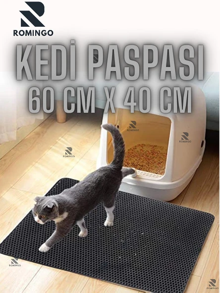 Kedi Tuvalet Önü Paspası 60x40 cm  Çift Katmanlı Elekli Petek Kum Tutucu Siyah ürün görseli 1