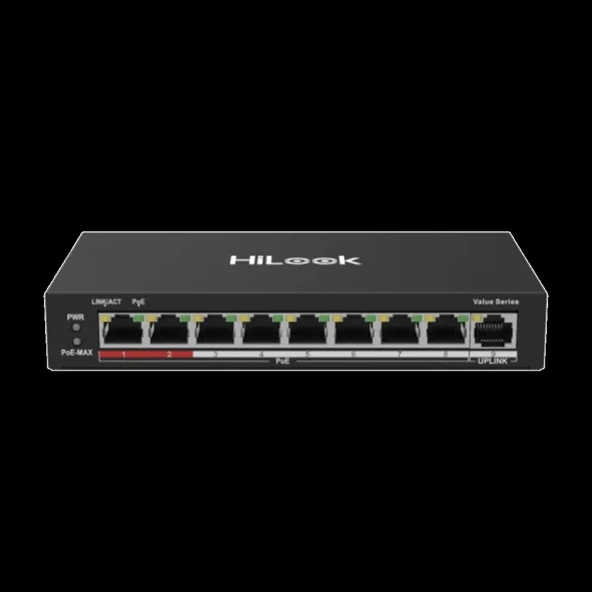 HILOOK NS-0109P-60(B), 8 Port, Megabit, PoE 60W, 1 Port Megabit Uplink, Long Range 250Metre, Yönetilemez, Masaüstü Switc ürün görseli 1