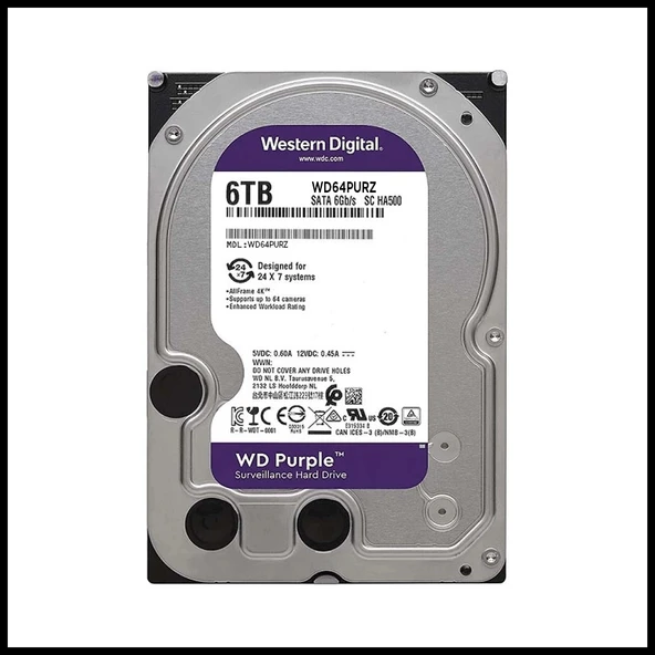 WD PURPLE, WD64PURZ, 3.5", 6TB, 256Mb, 5400 Rpm, 7/24 Güvenlik, HDD (Türkiye Distribütörü Garantili) ürün görseli 1