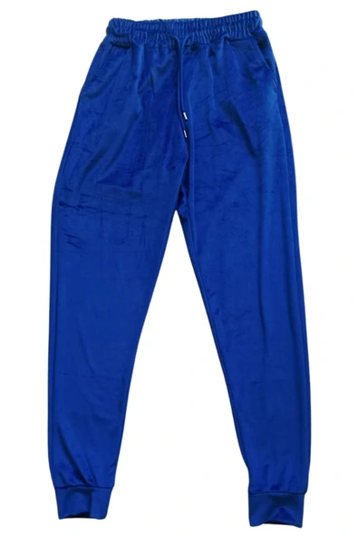 Parlak Kadife Cepli Pantolon Eşofman Pijama Altı Unisex Lastikli Paça Mavi ürün görseli 1