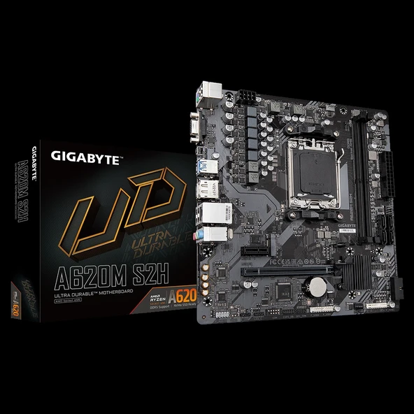 GIGABYTE A620M-S2H, rev.1.2, 6400MHz, 2xDDR5, 1x M.2, D-SUB, HDMI, DP, AM5 Soket Anakart ürün görseli 1
