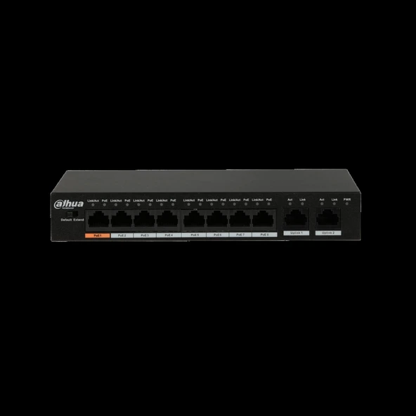 DAHUA PFS3010-8ET-96, 8 Port, MegaBit, PoE 96W, 2 Port GigaBit Uplink, Yönetilemez, Masaüstü Switch ürün görseli 1