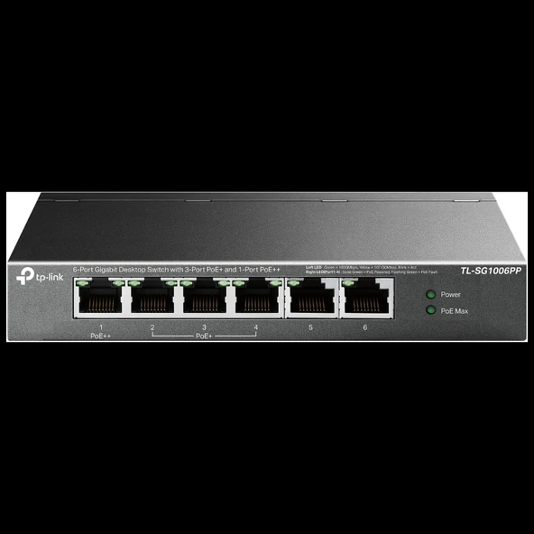 TP-LINK TL-SG1006PP, 6 Port, GigaBit, 4 Port PoE 64W, Yönetilemez, Metal Kasa, Masaüstü Switch ürün görseli 1