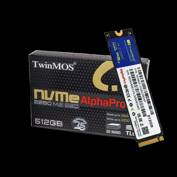 TwinMOS NVMe512GB2280AP, AlphaPro, 512GB, 3600-3250Mb/s, Gen3, NVMe PCIe M.2 2280, SSD, TLC, 3DNAND ürün görseli 1
