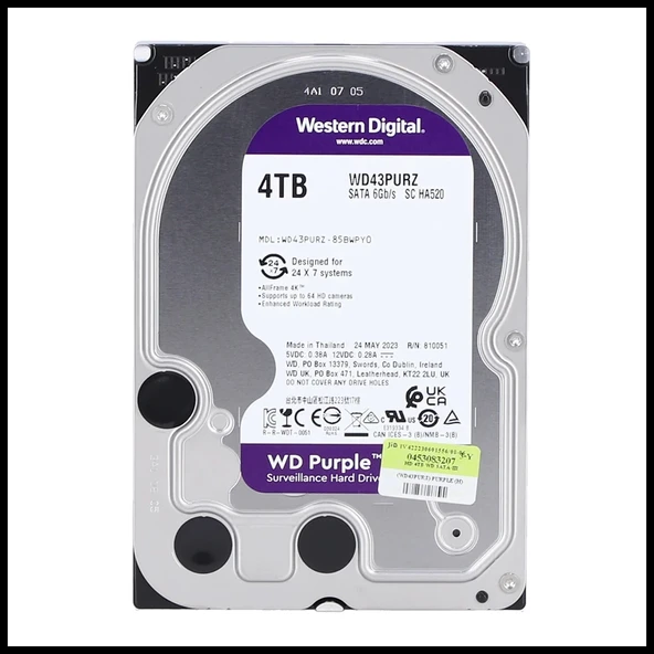 WD PURPLE, WD43PURZ, 3.5", 4TB, 256Mb, 5400 Rpm, 7/24 Güvenlik, HDD (Türkiye Distribütörü Garantili) ürün görseli 1