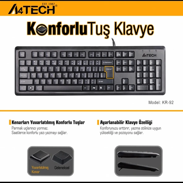 A4 TECH KR-92, Siyah, USB Kablolu, Türkçe Q, Multimedya, Klavye - Resim 2