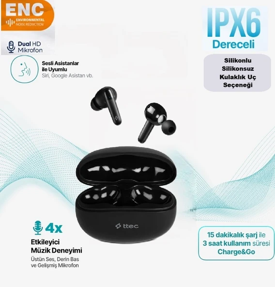 Ttec Bluetooth Kulaklık Siyah Tws AirBeat Switch Kablosuz Kulaklık ENC Silikonlu Silikonsuz Kullan ürün görseli 1