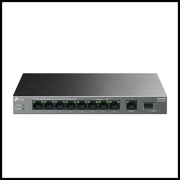 TP-LINK LS1210GP, Green Tech, 8 Port Gigabit, PoE 61W, 1 Port Gigabit Uplink, 1 Port Gigabit SFP, Yönetilemez Masaüstü S ürün görseli 1