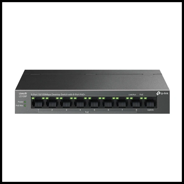 TP-LINK LS109P, Green Tech, 8 Port MegaBit, POE 63W, 1 Port Uplink, Long Range 250Mt, Yönetilemez, Metal Kasalı Switch ürün görseli 1