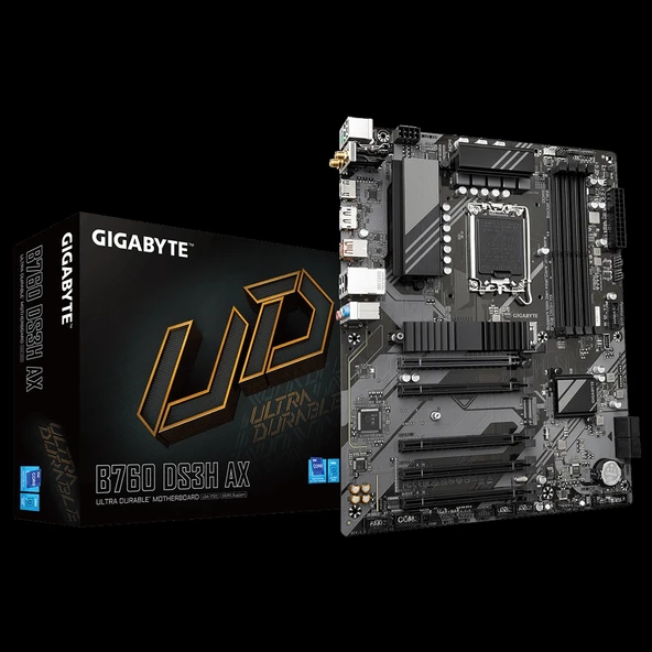GIGABYTE B760 DS3H AX, rev.1.0, 4xDDR5, 2xM.2, DP, HDMI, Type-C, Wi-Fi 6E, Bluetooth v5.3, 12-13-14.Nesil, LGA1700 Soket ürün görseli 1