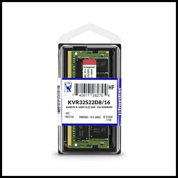 KINGSTON KVR32S22D8/16, 16Gb, 3200Mhz, DDR4, Sodimm Notebook RAM, 1,2V, CL22 ürün görseli 1