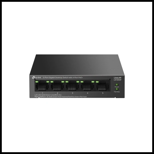 TP-LINK LS105GP, Green Tech, 5 Port, GigaBit, 4 Port PoE 65W, Metal Kasa, Yönetilemez, Masaüstü Switch ürün görseli 1