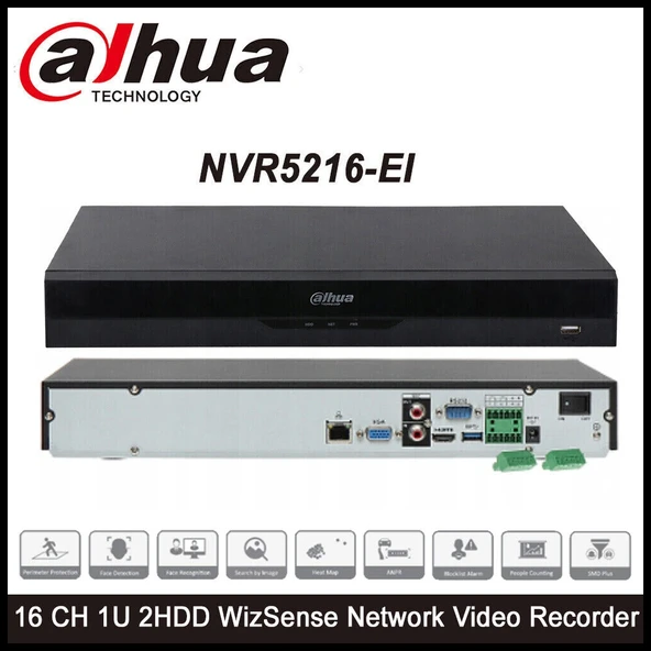 DAHUA  NVR5216-EI, 16Kanal, 12Mpix, H265+, 2 HDD Desteği, 1080P Kayıt, 320Mbps Bant Genişliği, NVR ürün görseli 1