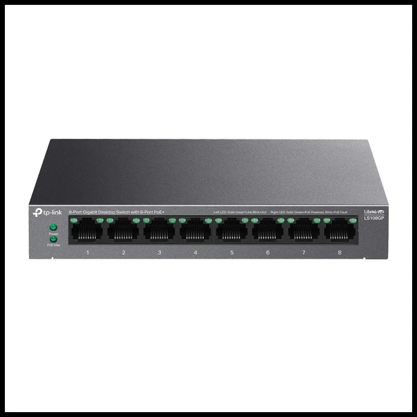 TP-LINK LS108GP, Green Tech, 8 Port GigaBit, PoE 62W, Yönetilemez, Metal Kasalı Switch ürün görseli 1
