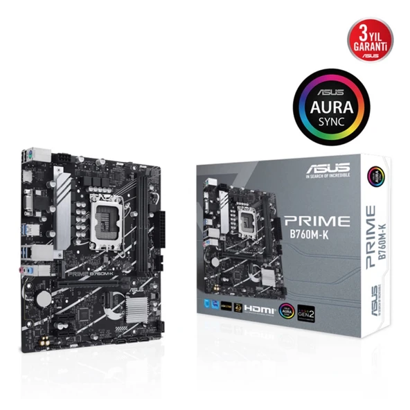 ASUS PRIME B760M-K, 2xDDR5, 2x M.2, D-SUB, HDMI, 12-13.14.Nesil, LGA1700 Soket, Anakart ürün görseli 1
