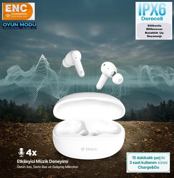 Ttec Bluetooth Kulaklık Beyaz Tws AirBeat Switch Kablosuz Kulaklık ENC Silikonlu Silikonsuz Kullan ürün görseli 1