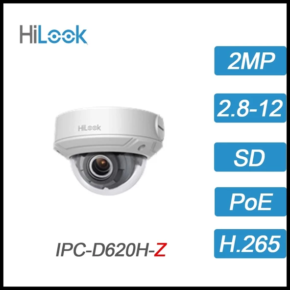 HILOOK IPC-D620H-Z, 2Mpix, 2,8-12mm Motorize Lens, H265+, 30Mt Gece Görüşü, PoE, IP67, IK10, Dome, IP Kamera ürün görseli 1