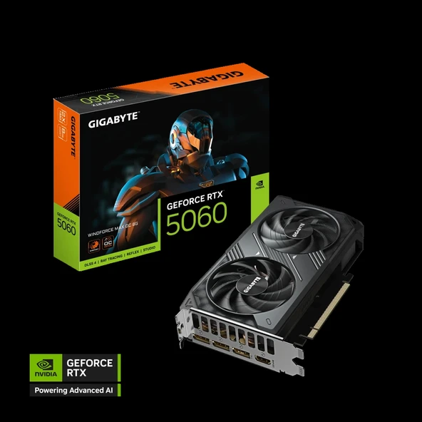 GIGABYTE GV-N5060WF2MAX OC-8GD, RTX5060, WINDFORCE MAX OC, 8Gb, GDDR7, 128BIT, 2 Fanlı, 1xHDMI, 3xDP, GAMING Ekran KARTI ürün görseli 1
