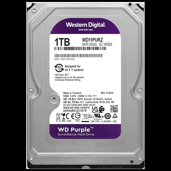 WD PURPLE, WD11PURZ, 3.5" 1TB, 64Mb, 5400 Rpm, 7/24 Güvenlik, HDD (Türkiye Distribütörü Garantili) ürün görseli 1