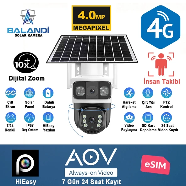 BALANDI PRO-8200GIP 4MP 2 Kameralı 4G AOV ESIM Solar Kamera, HIEASY Yazılım ürün görseli 1
